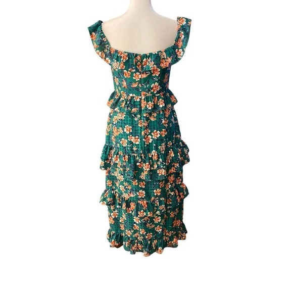 Tularosa Kelly Green Floral Ruffle Gingham Tiered Back Zip Lily Dress Women S - Picture 3 of 10